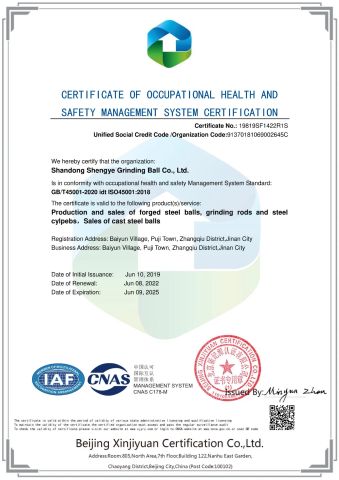 ISO 45001 certificate of Shandong Shengye Grinding Ball Co., Ltd. – certificate photo, supplier certificates section