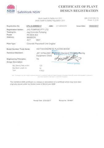 SAFEWORK for CONCRETE PLACING BOOM certificate from Qingdao Saintyol Dawin Machinery Co., Ltd.