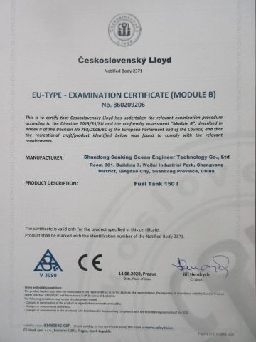 CE certificate of Fuel tank certificate from Qingdao Allsea Boats Co., Ltd.