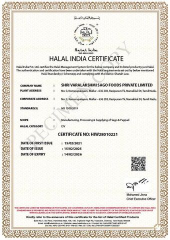 Halal certificate from Shri Varalakshmi sago foods private limited 