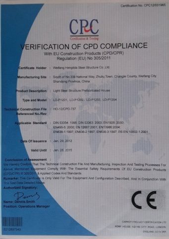 CE Certificates certificate of Weifang Henglida Steel Structure Co., Ltd. – certificate photo, supplier certificates section