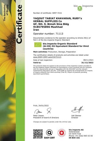 BIO INSPECTA certificate from Ruby Herbal Supplies Co