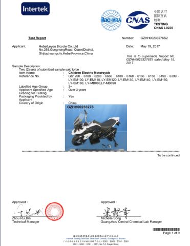 CE certificate for motor bike certificate from Hebei Leyou Bicycle Co., Ltd.