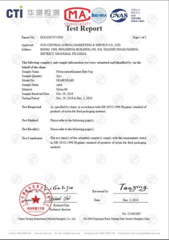 Nylon filter bag GB5009.60-2003 certificate of Filterek Products Tech Co., Ltd. – certificate photo, supplier certificates section