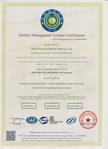 ISO 9001:2015 Certification certificate from Wuxi Everwin Vehicle Parts Co., Ltd.