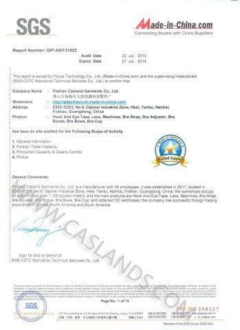 SGS Factory Audit Report 1 certificate from Foshan Casland Garments Co., Ltd.