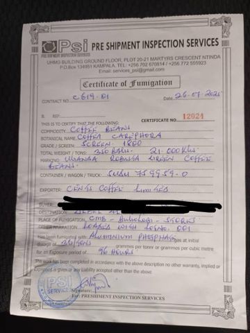 FUMIGATION CERTIFICATE certificate from CENTS COFFEE LTD