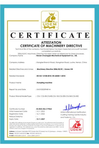 CE certificate from Henan Chuang Qin Mechanical Equipment Co., Ltd.