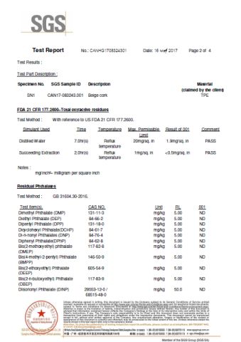 synthetic cork SGS test report certificate from Xinjiang Huanghe Packing Co., Ltd.