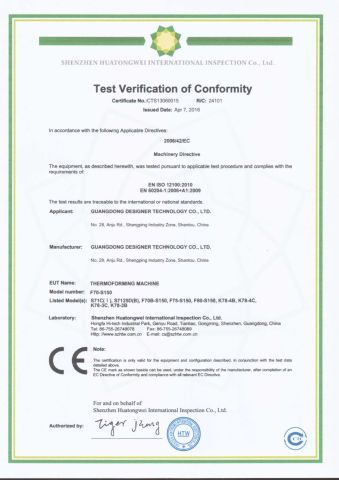 CE Certificate of Plastic Thermoforming Machine certificate from Shantou Designer Precise Machinery Co., Ltd