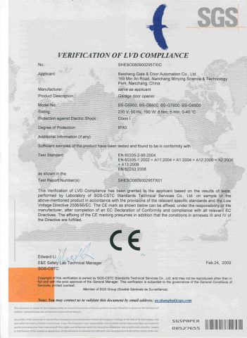 GARAGE DOOR OPENER,G5800,G6800,G7800,G8800(LVD OF CE) certificate from BISEN SMART ACCESS CO., LTD.