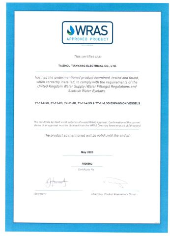 WRAS certificate from Taizhou Tianyang Electrical Co., Ltd.