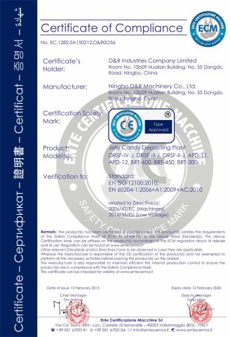 CE of jelly candy depositing machine certificate from Ningbo D & R Machinery Co., Ltd.