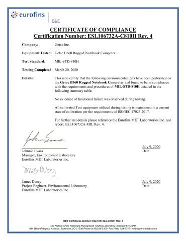 B360 MIL-STD-810H certificate from Beijing Jianianhuaye Technology Co., Ltd
