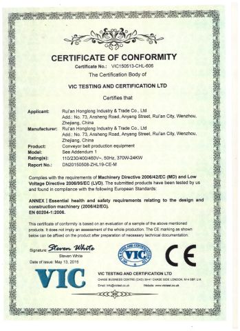 CE Certificate certificate from Wenzhou HOLO Industrial EQP Manufacturing Co., Ltd.