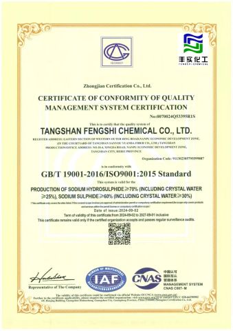 ISO certificate certificate from Tangshan Fengshi Chemical Co., Ltd.