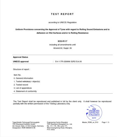 TEST REPORT certificate of Qingdao Royo Tyre Industrial Corp., Ltd. – certificate photo, supplier certificates section