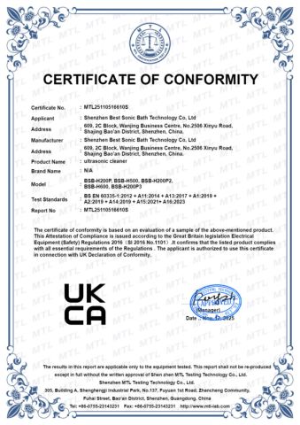 UKCA certificate from Shenzhen Best Sonic Bath Technology Co., Ltd.