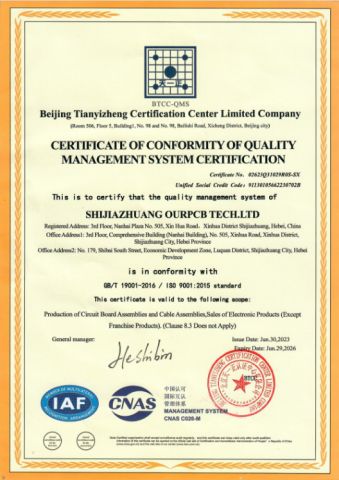 ISO 9001 certificate of Shijiazhuang OurPCB Tech. Ltd. – certificate photo, supplier certificates section