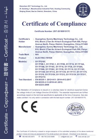 CE Certificate certificate from Guangzhou Sunrry Kitchen Equipment Co., Ltd.