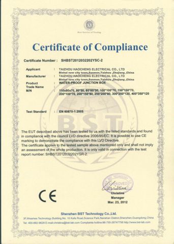 CE of junction box certificate of TAIZHOU HAOCHENG ELECTRIC CO., LTD. – certificate photo, supplier certificates section