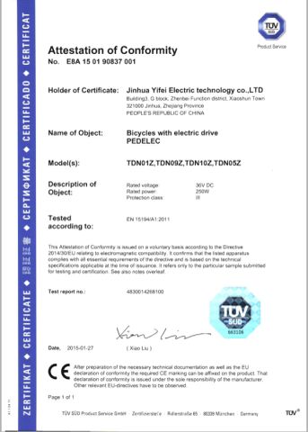 TUV Certificate Of 4 Folding EBIKES certificate of JinHua YiFei Electric Technology Co., Ltd. – certificate photo, supplier certificates section
