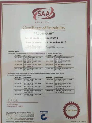 SAA certification certificate from Heshan Bedier Pendant Co., Ltd.
