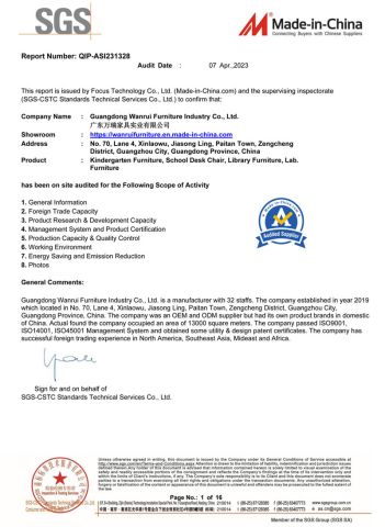 SGS certificate from Guangdong Wanrui Furniture Industry Co., Ltd.