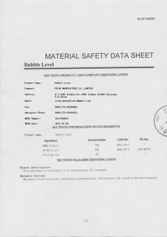 MSDS2 certificate from Evian Manufacture Co., Limited