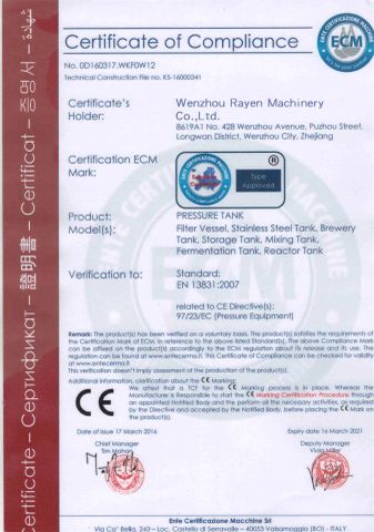 CE Certificate certificate from Wenzhou Rayen Machinery Co., Ltd.