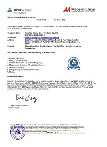 SGS certificate from Kunshan Shunyi Glass Products Co., Ltd.