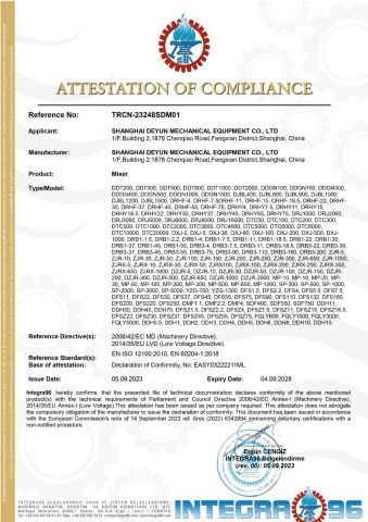 CE2 certificate from Shanghai Deyun Mechanical Equipment Co., Ltd