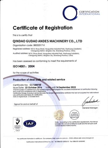 ISO14001 certificate from QINGDAO GUDAO ANDES MACHINERY CO., LTD.