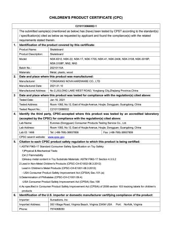 CPC certificate from YONGKANG NOVA HARDWARE CO., LTD.