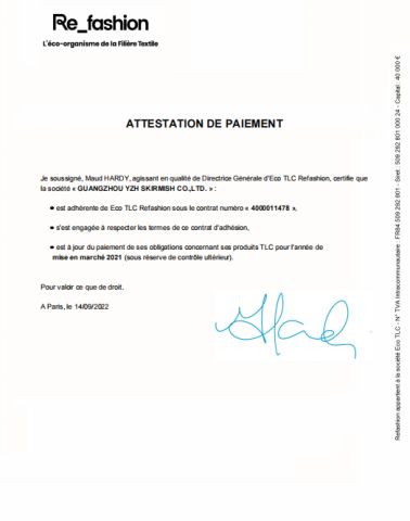 EPR_France_Textiles certificate from Guangzhou Yzh Skirmish Co., Ltd.