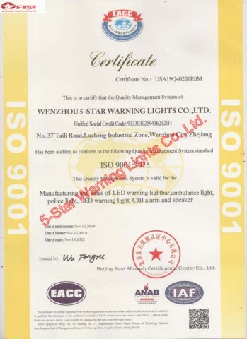 ISO certificate from Wenzhou 5-Star Warning Lights Co., Ltd.