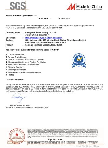 SGS certificate from Guangzhou Mimier Jewelry, Co, Ltd.