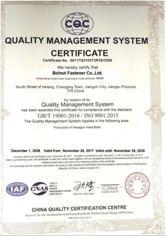 certificates certificate from Bolnut Fastener Co., Ltd
