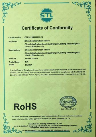 Rohs certificate from SHENZHEN LABRA TECH CO., LTD.