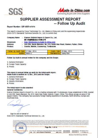 SGS certificate certificate from XIAMEN SRS TRADING CO., LTD.