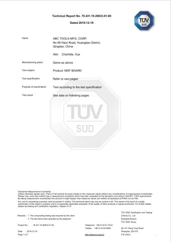 EN16516 Certificate of MDF Board certificate of ABC Tools MFG.Corp.(Qingdao) – certificate photo, supplier certificates section