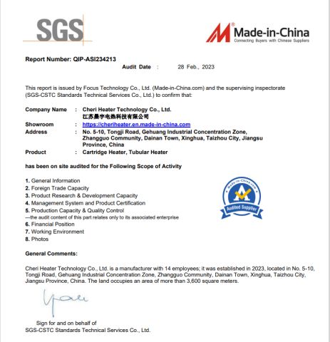 SGS certificate from Cheri Heater Technology Co., Ltd.
