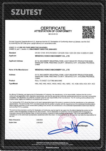 CE certificate from Wenzhou Honco Machinery Co., Ltd