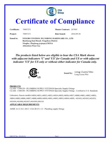 CSA certificate from Ningbo Yinzhou Plumbing Hardware Co., Ltd.