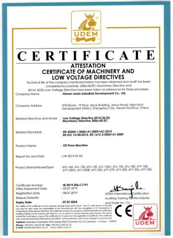 CE certification certificate from Henan Lewin Industrial Development Co., Ltd.