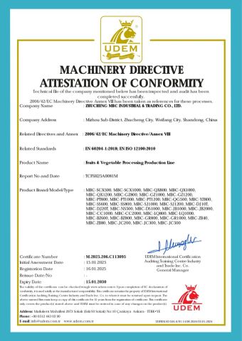 CE certificate from ZHUCHENG MBC INDUSTRIAL & TRADING CO., LTD.