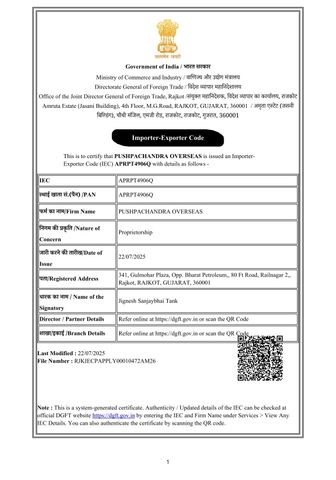 IMPORT EXPORT CERTIFICATE certificate from Pushpachandra Overseas