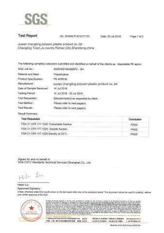 sgs report for apron certificate from JUXIAN CHANGLING POLYCON PLASTIC PRODUCT CO., LTD.