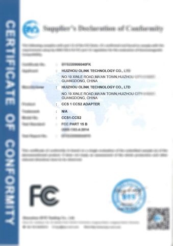 FCC ( CCS1 CCS2 Adapter) certificate from Huizhou Olink Technology Co., Ltd.