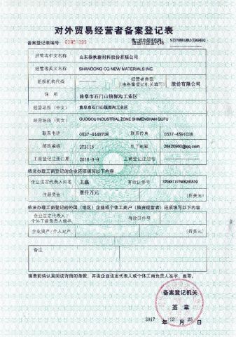 qualification certificate of SHANDONG CQ NEW MATERIALS INC. – certificate photo, supplier certificates section